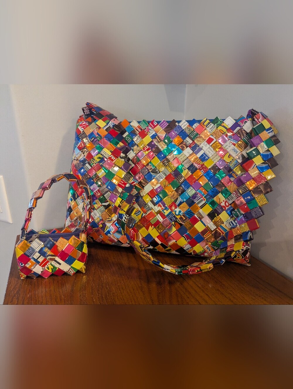 Vintage Y2K  Woven Candy Wrapper Large Shoulder Bag & Change Purse Wearable Art